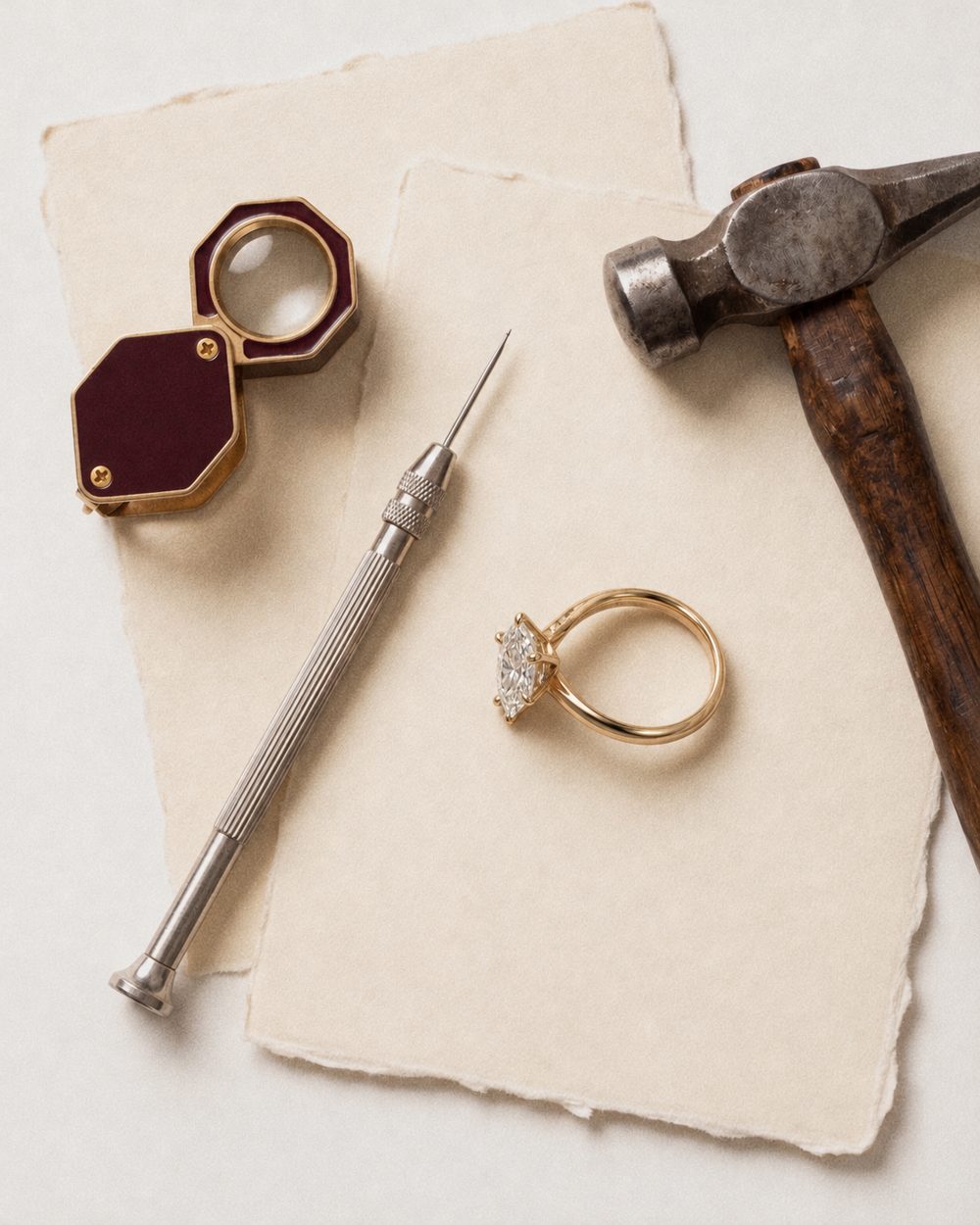 Goldsmith tools and a diamond ring on beige paper